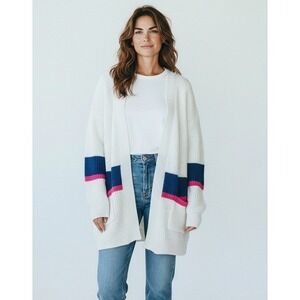 Ultra Flirt Cardigan White Stripe Open Front Lightweight Knit Large Layering NWT